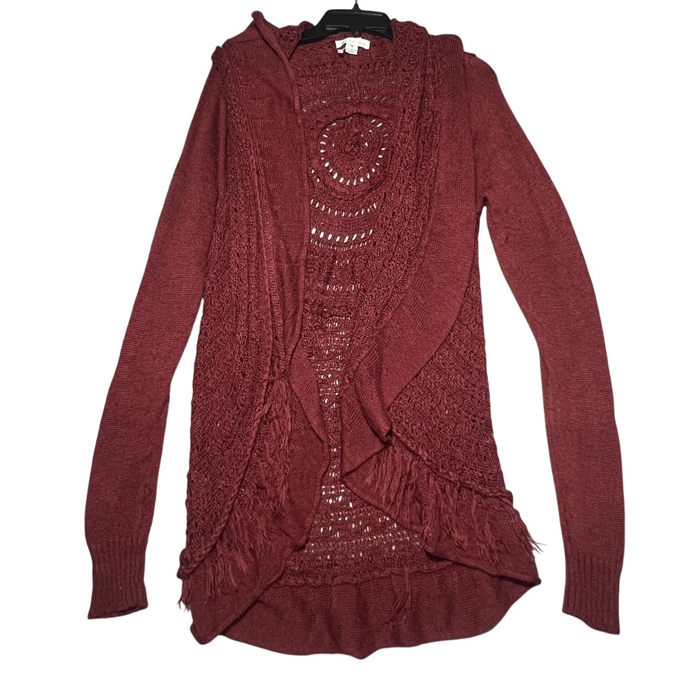 John Paul Richard Women's Hooded Open Front Cardigan Sweater Fringe Knit M Red